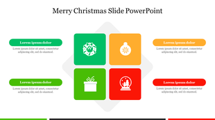 Festive slide layout with a holiday icons surrounded by text boxes, including green, orange, and red with placeholder text.