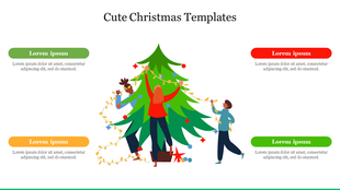 Christmas tree with string lights, with four rounded text boxes placed around the scene for messages.