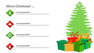Christmas-themed slide with a green tree, colorful wrapped gifts, and icons representing bells, wreaths, and stockings.