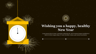 New Year slide featuring a golden clock and fireworks, with text on the right, set against a dark background.