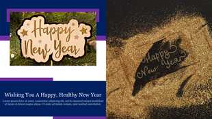 New Year themed slide with a sign on a Christmas tree on the left and glittery gold text on a dark background. 