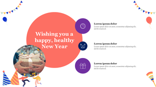 New Year slide featuring a gift, balloons, and party hats, along with a cheerful greeting in a red circular background.