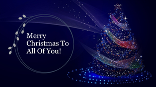 Sparkling Christmas tree with glowing lights and decorative ribbons on a dark blue background.