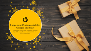 Christmas greeting in large yellow circle with icon, scattered stars, and two presents on wood texture background.
