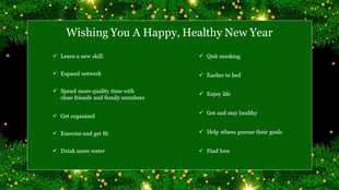 Green new year resolutions slide with checklist framed by festive border of pine branches and golden lights.