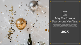 A festive New Year PowerPoint slide with gold and silver balloons, confetti, and a cheerful greeting message.