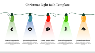 Holiday slide showing a decorative string of bulbs illuminating icons including a stocking, wreath, baubles, tree, and bells.