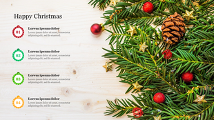Christmas themed slide with numbered list on left and decorated pine branches, red baubles, and gold stars on right.