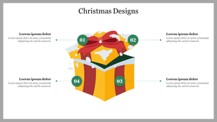 Christmas design concept slide with a decorated yellow present and four labeled sections connected by dotted lines.