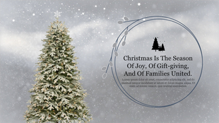 Christmas themed background featuring a lit tree in snow and a round design element with space for caption on the right.