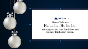 Christmas design with silver ornaments hanging on ribbons and a cheerful message with a sleigh, on the right white box.