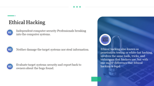 Three numbered points about ethical hacking, with a blue toned image of a lock and computer keyboard on the right.