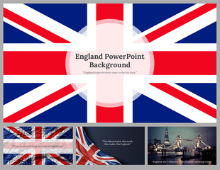 Slide pack featuring the England flag as the background with various quotes, and a scenic view of the Tower Bridge in London.