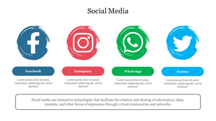 Slide featuring circular brush stroke icons of popular social media platforms with labeled text boxes underneath.