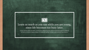Green classroom chalkboard design with a bordered quote area in the center and a white writing icon above the text.