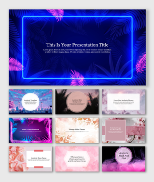 Aesthetic PowerPoint showcasing a variety of colorful slides design with neon and floral themes.