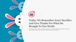 Three bunnies with pink ears peeking from a curved blue border alongside a text area on a white background.