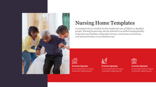 Nursing home slide showing caregivers supporting an elderly man with a description of nursing home care services and care-related icons.
