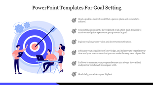 Illustration of people aiming at a target with a blue theme, and a list of text points on the right.