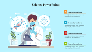 Illustration of a scientist with molecular visuals, and four colorful numbered sections, on a light blue background.