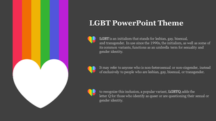LGBT theme slide with rainbow heart icon and text description explaining the meaning and its variants.