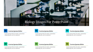 Slide with a microscope image at the top and six numbered text boxes in blue and green shades at the bottom white section.