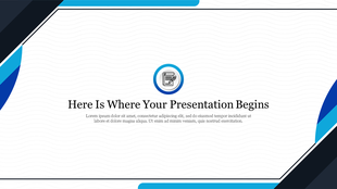 Presentation cover slide with a central icon of a paper and pen inside a blue circular border, dark and blue angled corners.