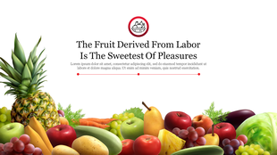 Slide featuring a colorful variety of fresh fruits and vegetables with the quote and text area and an icon.