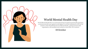 An illustration of a sad woman surrounded by red abstract lines , and  text about world mental health day information text.