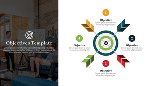 Business objectives template showing four arrows in yellow, teal, red, and green aiming at a bullseye, with matching labels.
