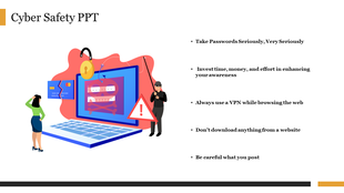 A vibrant slide highlighting essential cyber safety guidelines, including the importance of password security.