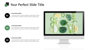Infographic-style slide with step-by-step text items beside a monitor image of sliced fruits and greens on a green backdrop.