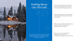 A winter themed PPT slide featuring a snowy cabin and snowflakes with bullet points about the changing seasons.