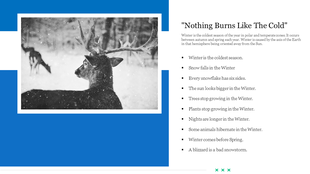 Black and white deer photo in the snow with a blue background and a list of winter facts and title on the right.