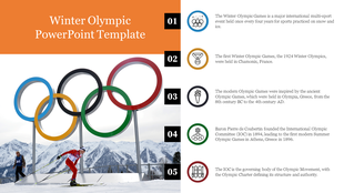 Winter Olympic showing Olympic rings in the foreground, a skier in red in the snow, and a mountain range with text areas.