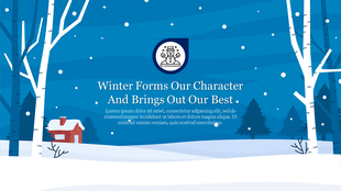 Illustrated winter background with trees, a snowy cabin, falling snowflakes, and centered text by a snowman icon.