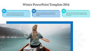 Winter slide with facts in pastel blue and teal, paired with a serene photo of a woman canoeing on a foggy, forest lake.