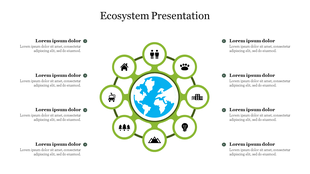 Circular infographic with a globe at the center surrounded by green bordered icons representing ecosystem components.