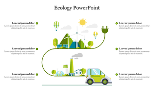 Ecology slide with an illustration of renewable energy sources, a green vehicle, and an eco friendly landscape with text.