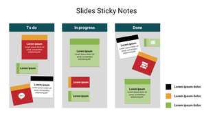 Sticky notes slide with three columns labeled, featuring multicolored notes in red, green, white, and orange.