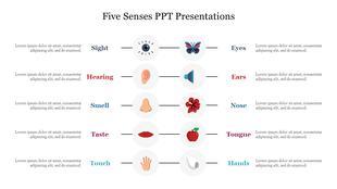 Five Senses PowerPoint slide with icons representing sight, hearing, smell, taste, and touch with placeholder text.
