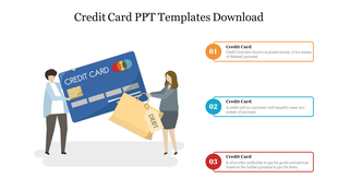Illustration of two people handling a large credit card and debt bag, with numbered colorful text boxes beside them.