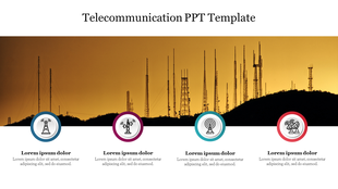 silhouette of telecommunication towers on a hill at sunset, with four colored icons and text below.