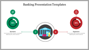 Infographic style slide with a bank illustration, flanked by green and red chart representing income and expense percentages.