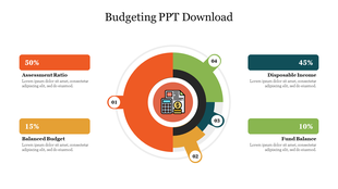 Colorful budgeting slide with a segmented circular chart, highlighting financial elements in colorful text boxes and icons.