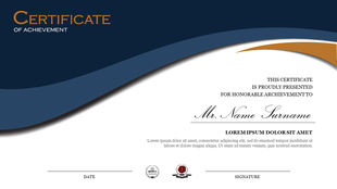 Certificate of achievement template with a navy and gold wave design and text space for recipient information.