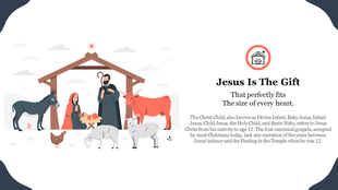 Nativity scene with Mary, Joseph, baby Jesus, and animals, alongside text about Jesus as a gift.