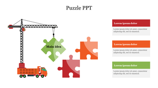 Visual metaphor slide with a crane lifting a green puzzle piece into position, supported by red, orange, and green blocks.