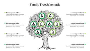 Illustrated family tree schematic with nine circular profile icons arranged on a detailed tree graphic.