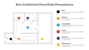 Floor plan layout with six numbered colored circles indicating rooms and descriptions listed on the right side.